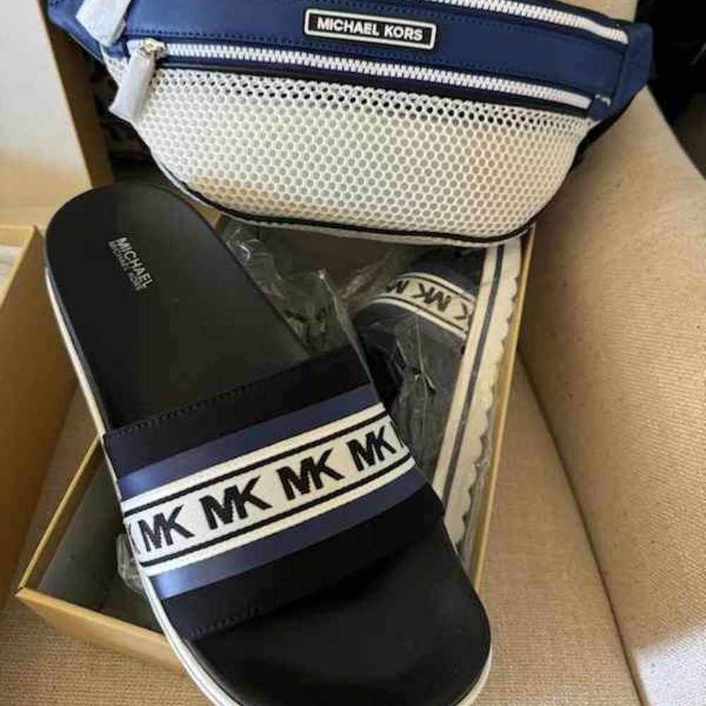 Michael Kors Women Black and Blue Slides With Matching Waist Bag -New